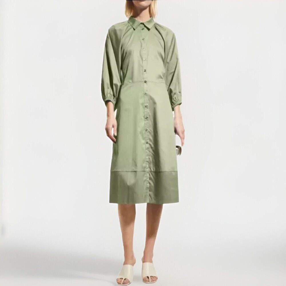 Harshman Muriel Matcha Green Cotton Shirt Dress 3/4 Sleeve NWT $229 M L 10 12 - Picture 1 of 10